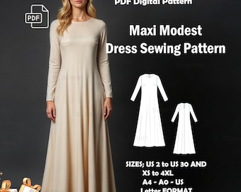 Puede incluir: Un patrón de costura digital PDF para un vestido maxi modesto. El patrón incluye las tallas US 2 a US 30 y XS a 4XL. El patrón está disponible en formato A4, A0 y carta US. El patrón también incluye un regalo gratis: un patrón de vestido midi fruncido.