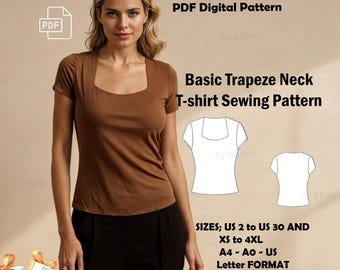 Puede incluir: Patrón de costura PDF para una camiseta básica de cuello trapecio. El patrón incluye las tallas US 2 a US 30 y XS a 4XL. El patrón está en formato A4 y A0. La imagen muestra a una mujer con una camiseta marrón y las piezas del patrón.