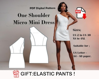 One Shoulder Micro Mini Dress Sewing Pattern: US Size 2-30 (PDF Pattern)