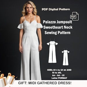 Palazzo Jumpsuit Sewing Pattern: Sweetheart Neck, US Sizes 2-30 (Digital PDF)