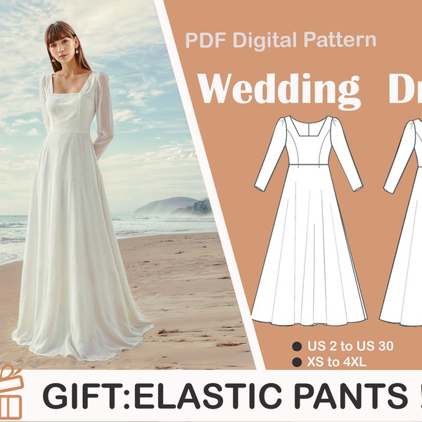 Wedding Dress Pattern,Square Neck Dress,Full Puff Sleeve Pattern, Medieval Dress, Evening Dresses, US Sizes 2-30, Plus Size Pattern