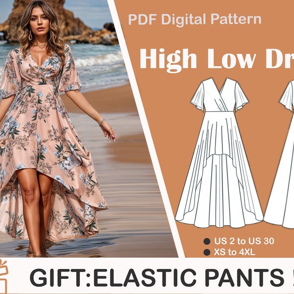 High-Low Dress Sewing Pattern, Ball Gown Fairy Dress Sewing Pattern,Bridal Gown,US Sizes 2-30, Plus Size Pattern