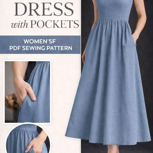 May include: A light blue tea-length sleeveless dress with pockets. The dress features a square neckline and wide straps. The image text reads "Tea Length SLEEVELESS DRESS with POCKETS" and "WOMEN'SF PDF SEWING PATTERN". The dress is made of knit fabric.