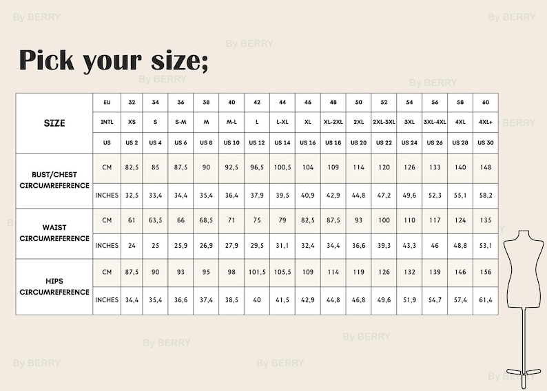 May include: Size chart for clothing with measurements in inches and centimeters. The chart includes bust, waist, and hip circumference measurements for sizes XS to 4XL.