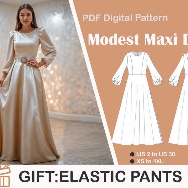 Modest Maxi Dress Bishop Long Sleeve Pattern,Medieval Dress,Abaya Dress,Maxi Dress,Evening Gown,US Sizes 2-30, Plus Size Pattern