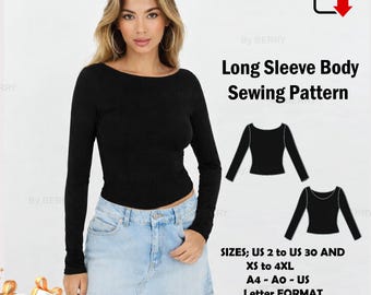 Bodysuit Sewing Pattern PDF | Long Sleeve Low Back Scoop Neck: US Sizes 2-30