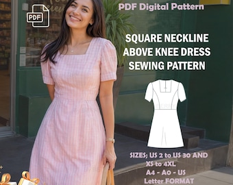 Puede incluir: Un patrón de costura digital PDF para un vestido de cuello cuadrado por encima de la rodilla. El patrón incluye las tallas US 2 a US 30 y XS a 4XL. El patrón está disponible en formato A4, A0 y US Letter. La imagen también incluye un vestido de cuadros rosa y blanco y un regalo de pantalones elásticos.