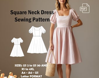 Square Neck Bishop Sleeve Midi Dress Sewing Pattern (PDF Pattern)