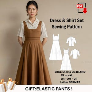 Patrón PDF de vestido con escote cuadrado, conjunto de delantal y camisa para mujer tallas 2-30 (EE. UU.)