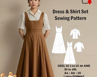 Patrón PDF de vestido con escote cuadrado, conjunto de delantal y camisa para mujer tallas 2-30 (EE. UU.)