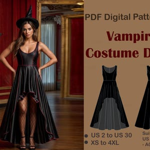 Puede incluir: Patrón digital PDF para un vestido de disfraz de vampiro. El patrón incluye instrucciones para las tallas US 2 a US 30 y XS a 4XL. El patrón es adecuado para papel US Letter y A0.