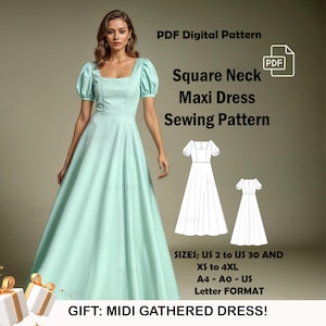 Square Neck Maxi Dress Sewing Pattern | Bishop Sleeve Maxi Dress Pattern | Evening Gown | Medieval Dress | US Sizes 2-30 | Plus Size Pattern