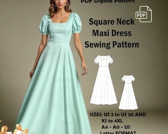 Square Neck Maxi Dress Sewing Pattern: Bishop Sleeve, US Sizes 2-30 (PDF Pattern)