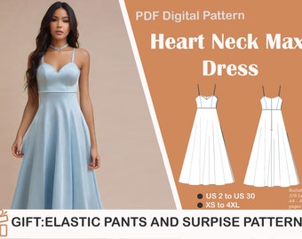 Heart Neck Sewing Dress Pattern,Bridesmaid Dress, Easy Sewing, PDF Pattern,US Sizes 2-30, Plus Size Pattern