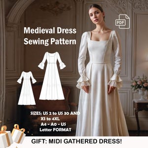 Medieval Dress Sewing Pattern | Renaissance Square Neck Dress | Medieval Maxi Pattern | PDF Pattern, US Sizes 2-30 | Plus Size Pattern