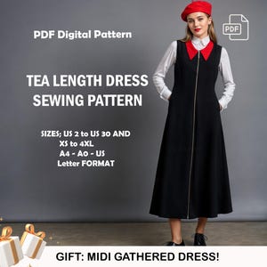 May include: PDF sewing pattern for a tea length dress with a zipper down the front. The pattern includes sizes US 2 to 30 and XS to 4XL. The pattern is available in A4, A0, and US Letter format. The image also shows a woman wearing a black dress with a red collar and a red beret. The text "GIFT: MIDI GATHERED DRESS!" is at the bottom of the image.