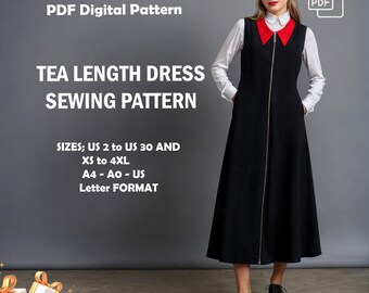 Puede incluir: Patrón de costura PDF para un vestido de largo midi con cremallera en la parte delantera. El patrón incluye las tallas US 2 a 30 y XS a 4XL. El patrón está disponible en formato A4, A0 y US Letter. La imagen también muestra a una mujer con un vestido negro con cuello rojo y una boina roja. El texto "GIFT: MIDI GATHERED DRESS!" está en la parte inferior de la imagen.