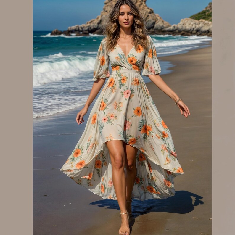 May include: A woman wearing a white maxi dress with a floral print. The dress has a high low hemline and short sleeves. The dress is flowy and has a relaxed fit.