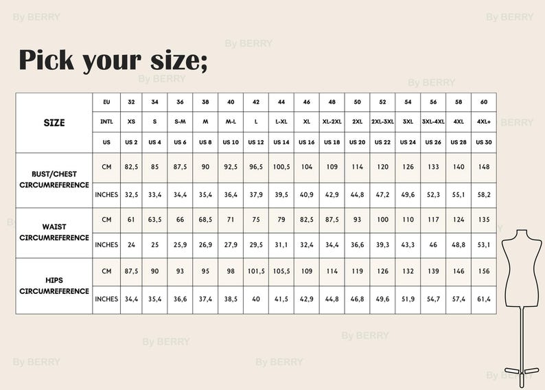 Puede incluir: Tabla de tallas para ropa con medidas en pulgadas y cent&iacute;metros. La tabla incluye medidas de contorno de pecho, cintura y cadera para las tallas XS a 4XL.