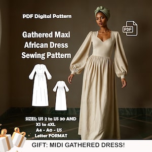 Versammeltes Maxi afrikanisches Kleid Schnittmuster | Milchmädchen Kleid | Kreis Kleid | Gerafftes Kleid PDF Pattern | US-Größen 2-30 | Mehrgrößenschnitt