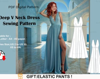 V-Neck Bridal Gown Sewing Pattern: Maxi Dress, US Sizes 2-30 (PDF Pattern)