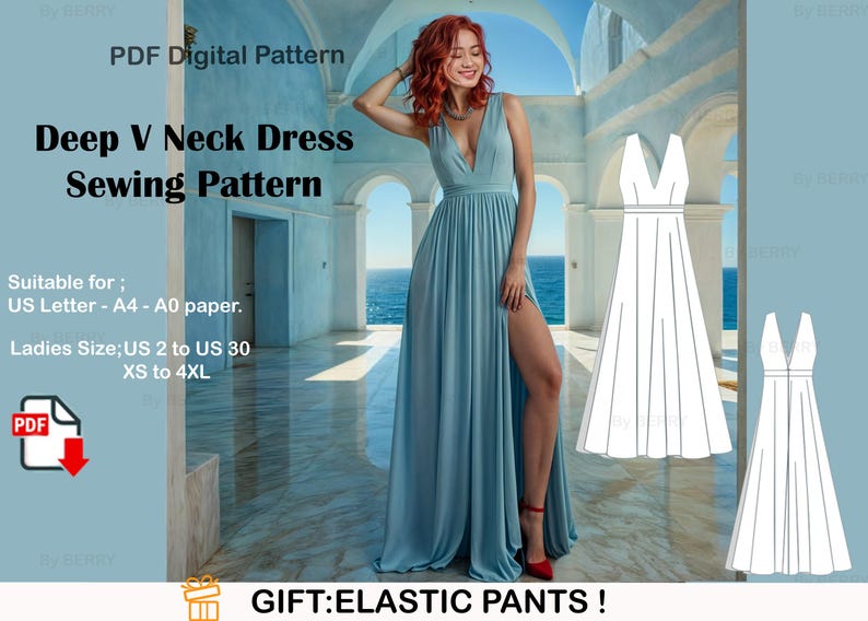 Puede incluir: Un patr&oacute;n de costura digital para un vestido de cuello en V profundo. El patr&oacute;n es adecuado para los tama&ntilde;os de papel US Letter, A4 y A0. El vestido se muestra en color azul claro con una abertura lateral. El patr&oacute;n incluye las tallas US 2 a US 30, XS a 4XL. El texto "GIFT: ELASTIC PANTS!" est&aacute; en la parte inferior de la imagen.
