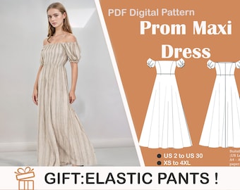 Patrón de costura para vestido largo con escote de corazón y mangas de obispo (patrón PDF)