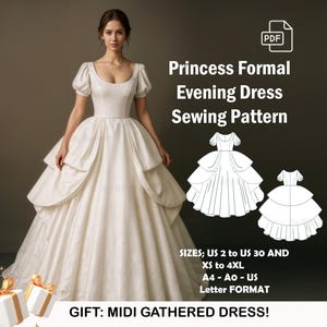 Könnte beinhalten: Ein weißes Schnittmuster für ein formelles Prinzessinnen-Abendkleid. Das Bild zeigt eine Frau, die das Kleid trägt, mit einer Abbildung des Kleides und dem Text "Princess Formal Evening Dress Sewing Pattern". Die Schnittmustergrößen sind US 2 bis US 30 und XS bis 4XL.
