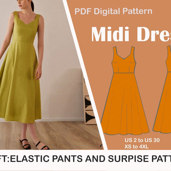 Top Tank Midi Dress Sewing Pattern,Summer Dress, Prom Dress,Fairy Cottagecore Dress, US Sizes 2-30 Eu Sizes XS-4XL Plus Size