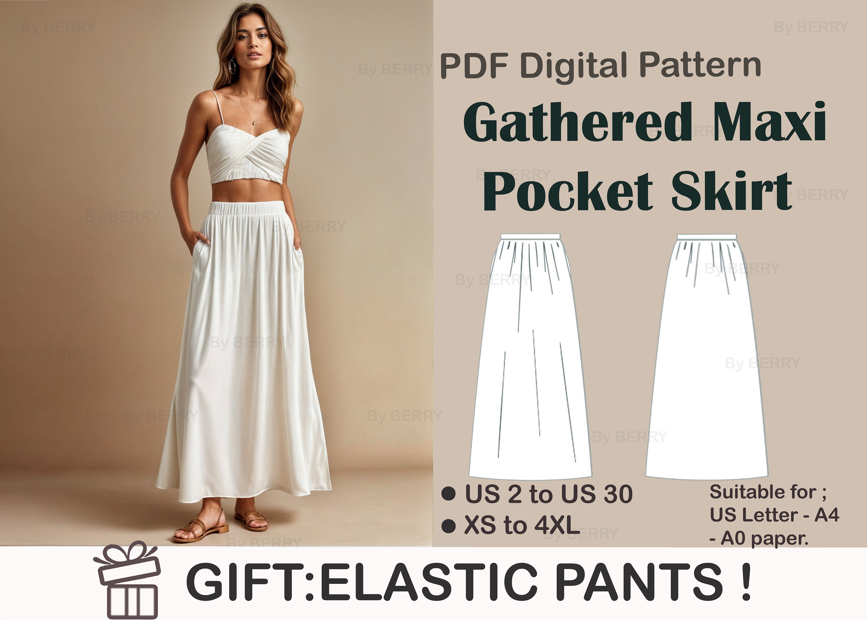 Gathered Maxi Pocket Skirt Sewing Pattern Gathering Skirt linen Skirt Sewing Pattern PDF Pattern US Sizes 2 30 Plus Size Pattern Etsy