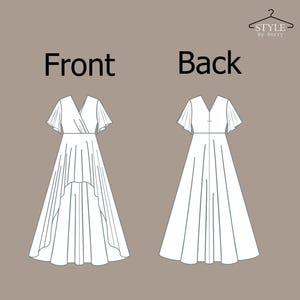 May include: Line drawing of a white dress with a high-low hemline. The dress has a V-neckline and short sleeves. The front and back views of the dress are shown.