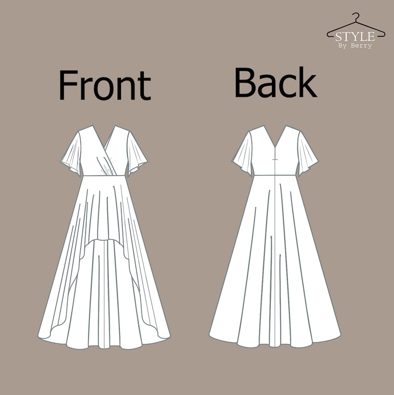 May include: Line drawing of a white dress with a high-low hemline. The dress has a V-neckline and short sleeves. The front and back views of the dress are shown.