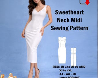 Sweetheart Neck Midi Sewing Pattern: Cottagecore Renaissance Style US Sizes 2-30 (PDF)