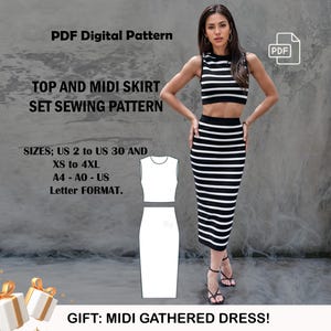 Linen Top and Midi Skirt Sewing Pattern: Beginner Knit (US 2-30) (PDF Pattern)