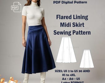 Puede incluir: Un patrón de costura PDF para una falda midi acampanada con forro. El patrón incluye las tallas US 2 a 30 y XS a 4XL. El patrón está disponible en formato A4, A0 y US Letter. La imagen también muestra a una mujer usando una falda midi azul marino.