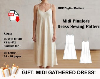 May include: A PDF digital sewing pattern for a midi pinafore dress. The text reads: PDF Digital Pattern, Midi Pinafore Dress Sewing Pattern, Sizes US 2 to US 30, XS to 4XL, US Letter, A4, A0 paper, and GIFT: MIDI GATHERED DRESS. Includes line drawings.