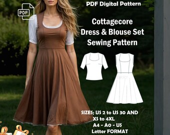 Puede incluir: Patrón de costura PDF para un conjunto de vestido y blusa de estilo cottagecore. El patrón incluye tallas US 2 a 30 y XS a 4XL. El patrón está disponible en formato A4, A0 y US Letter. La imagen muestra a una mujer con un vestido marrón y una blusa blanca.