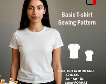 Basic T-Shirt Sewing Pattern | Round Neck | Short Sleeves | US Sizes 2-30 (PDF Pattern)