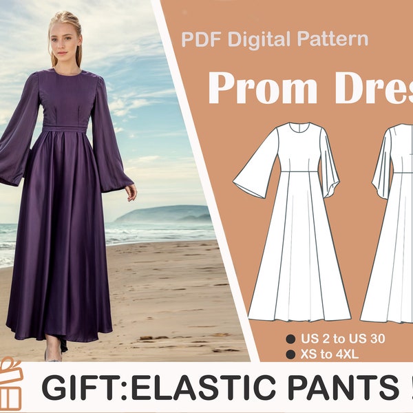 Prom Dress Sewing Pattern, Flared Sleeves Pattern,Medieval Dress,Abaya Dress,Maxi Dress,Evening Gown,US Sizes 2-30, Plus Size Pattern