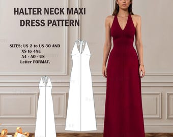 Halter Neck Maxi Dress Sewing Pattern: Open Back Gown (PDF Pattern)