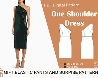 Abendkleid unterhalb Knie Kleid Schnittmuster, One-Shoulder-Kleid, US 2 bis 30 und XS bis 4XL, PDF-Muster