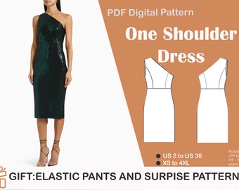 Op de afbeelding: PDF digitaal patroon voor een one-shoulder jurk. Het patroon is verkrijgbaar in de maten 36 tot 52 en XS tot 4XL. Het patroon is geschikt voor A4 en A0 papier. De afbeelding bevat ook een cadeau-aanbieding voor elastische broeken en een verrassingsmodel.