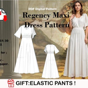 Regency Dress Sewing Pattern,Maxi Dress Pattern ,Scoop Neck Cosplay Dress Pattern,Maxi Dress,US Sizes 2-30, Plus Size Pattern