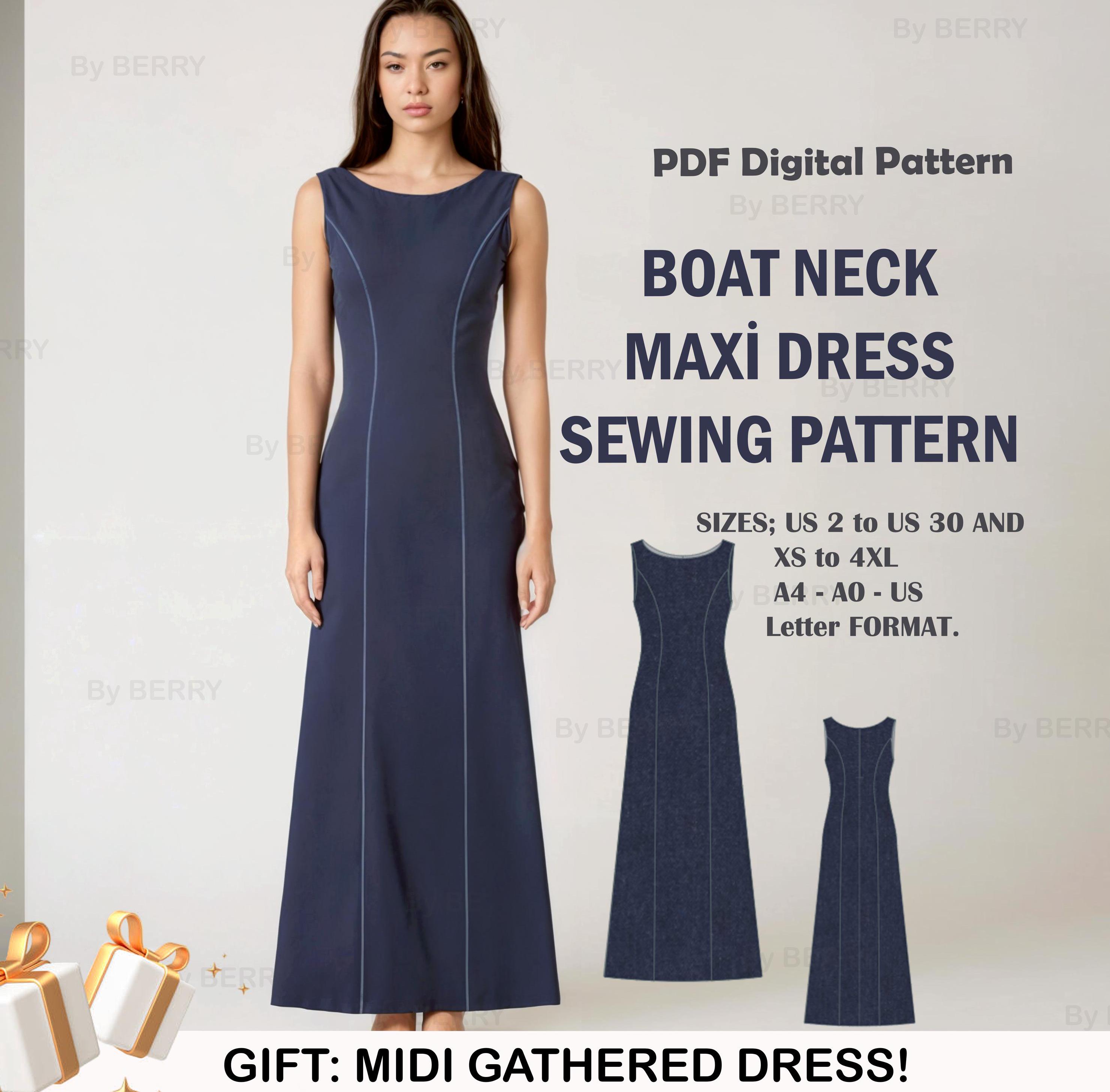 Boat Neck Bodice A line Maxi Dress Sewing Pattern | Princess Seam Dress PDF Pattern | US Sizes 2-30 | Plus Size Pattern