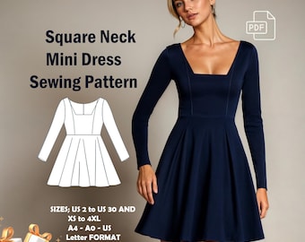 Square Neck Mini Dress Sewing Pattern: Milkmaid Style (US Size 2-30) (PDF Pattern)