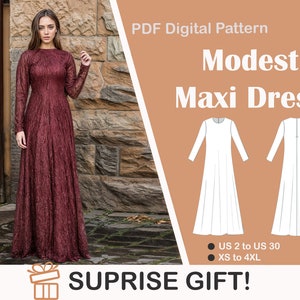 Modest Maxi Dress Sewing Pattern | Medieval Dress,Elegant Dress | Maxi Evening Gown | Bishop Long Sleeve | US Sizes 2-30 | Plus Size Pattern