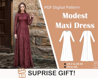 Modest Maxi Dress Sewing Pattern: Elegant Long Sleeve Gown (US 2-30) (PDF Download)