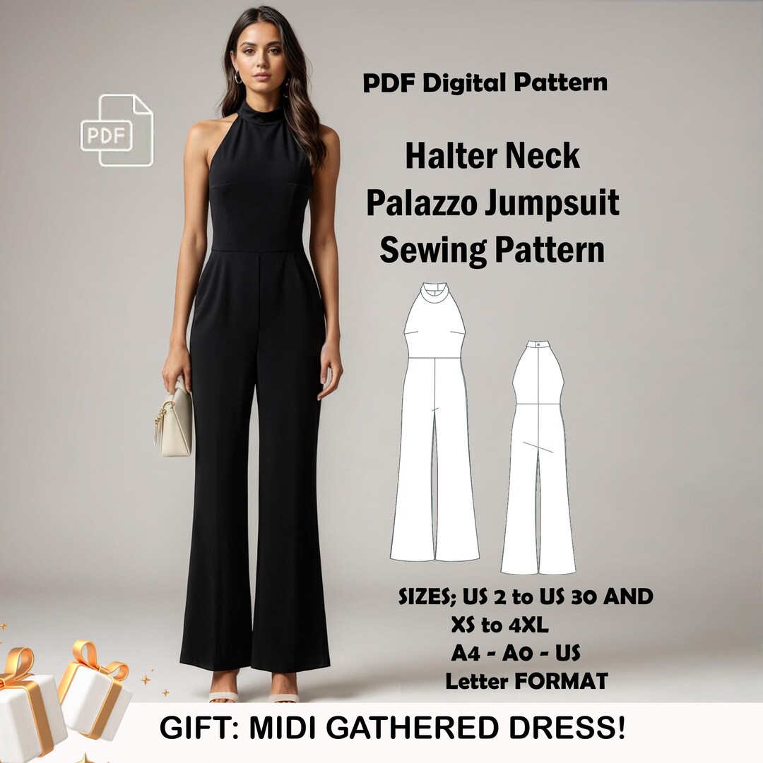 Halter Neck Palazzo Jumpsuit Sewing Pattern (US Sizes 2-30) (PDF ...