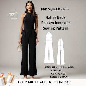 May include: A digital sewing pattern for a halter neck palazzo jumpsuit. The pattern includes sizes US 2 to 30 and XS to 4XL. The pattern is available in A4, A0, and US Letter format. The image also includes a gift: a midi gathered dress pattern.