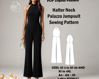 Puede incluir: Un patrón de costura digital para un mono palazzo de cuello halter. El patrón incluye las tallas ES 34 a 52 y XS a 4XL. El patrón está disponible en formato A4, A0 y Carta. La imagen también incluye un regalo: un patrón de vestido midi fruncido.